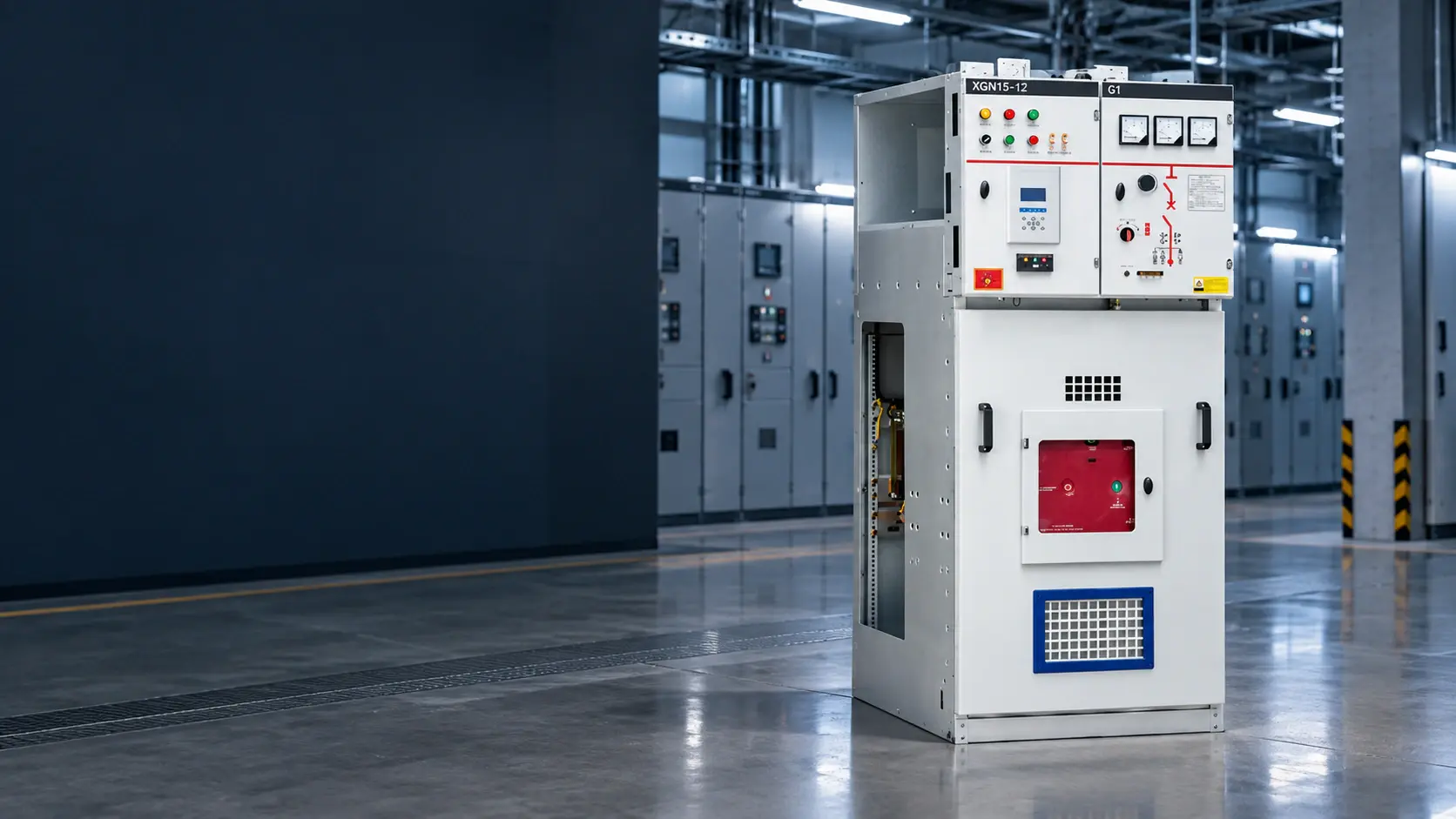 Medium-voltage switchgear installed in an industrial power distribution room